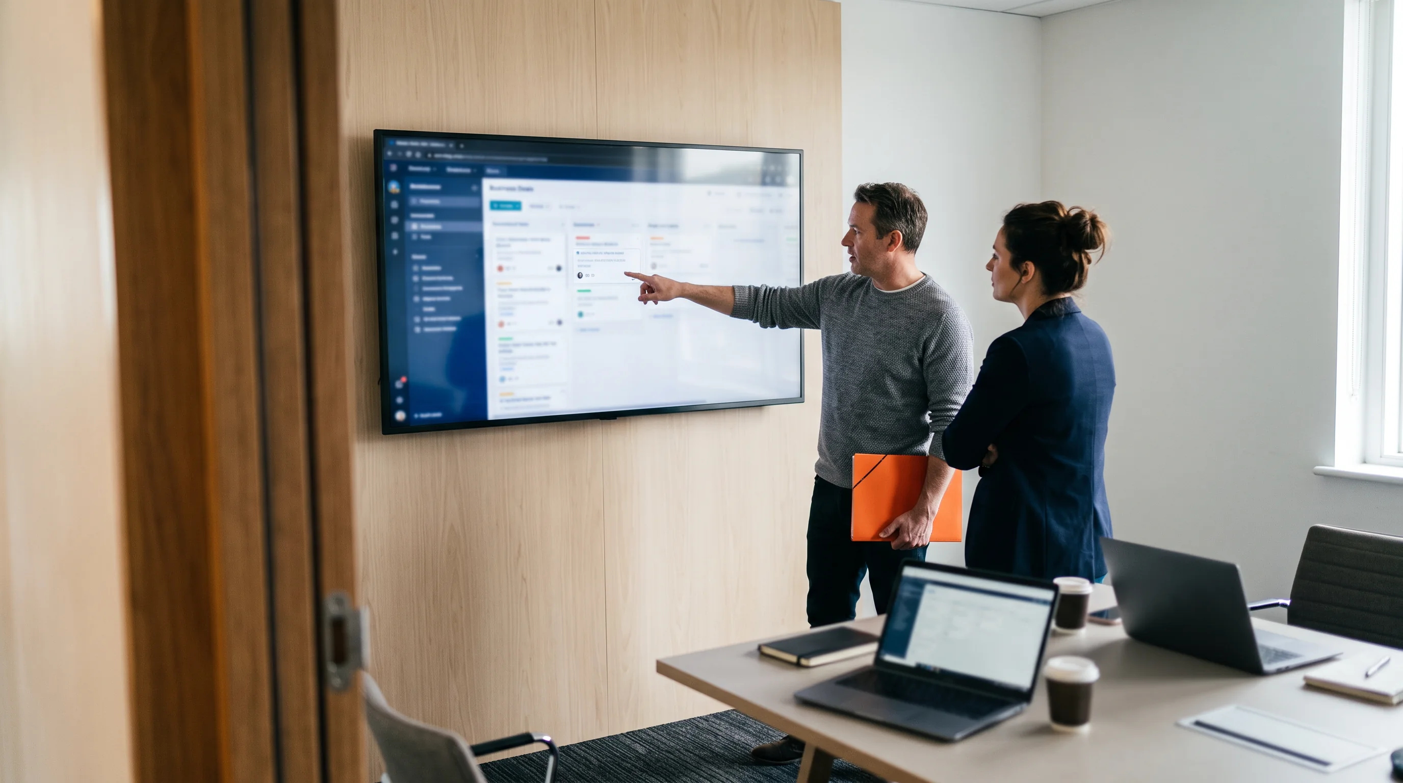 Two acquirers in a glass meeting room reviewing a structured acquisition pipeline on a wall screen